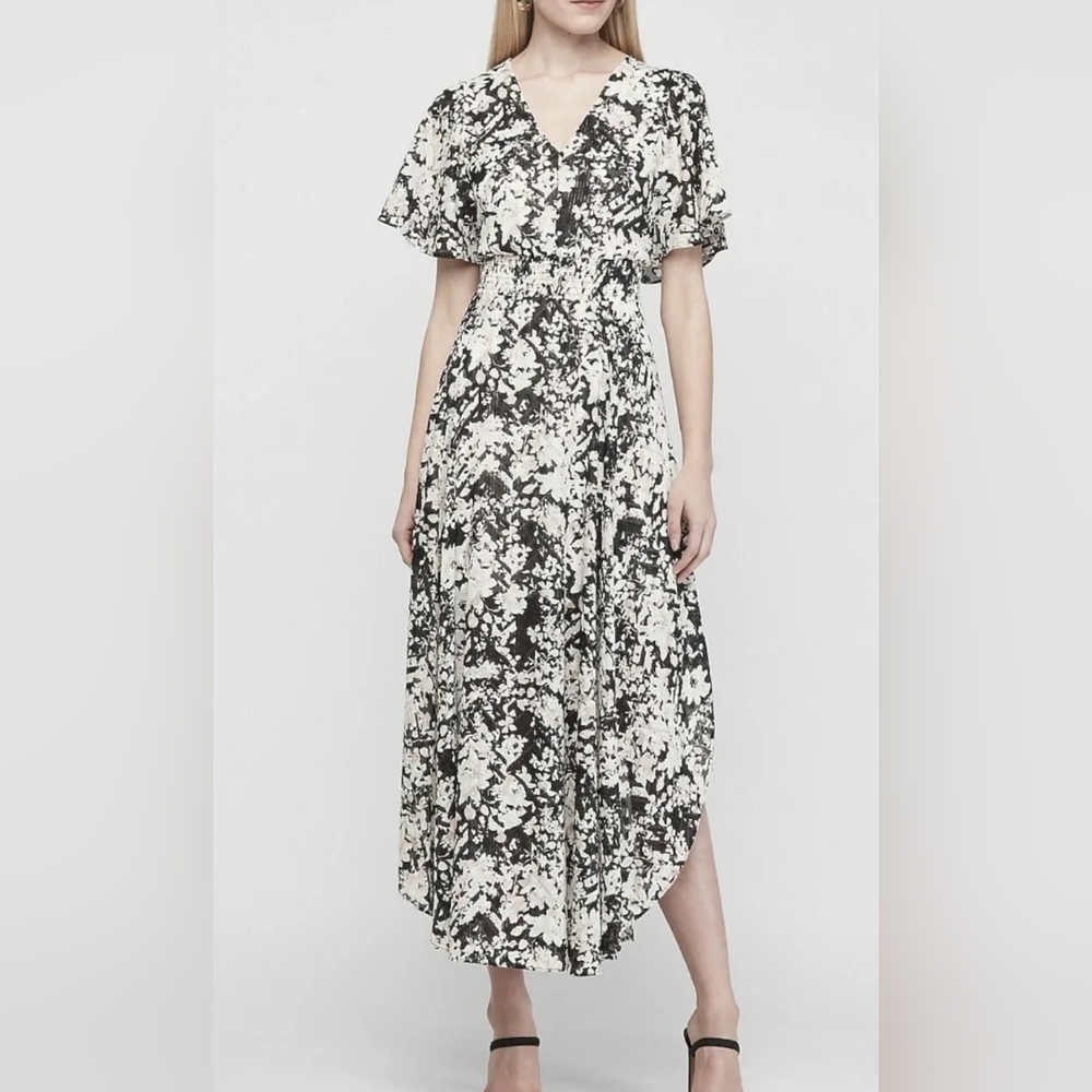 NWT EXPRESS Metallic Floral Smocked Waist Maxi Dress Size XXS $148